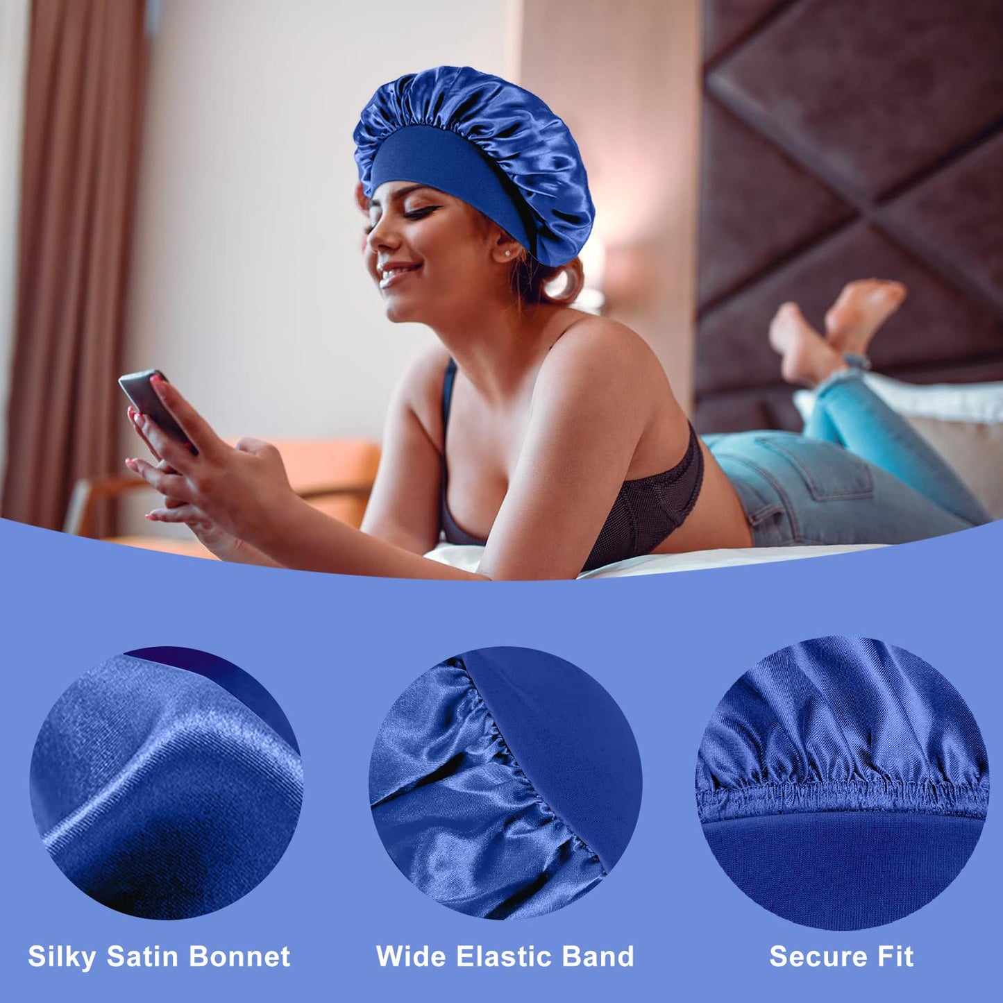 4PCS Silk Bonnet for Sleeping - Satin Hair Wrap Cap for Black Women Men, Curly Hair - Elastic Wide Band Shower Cap (Black, Sapphire Blue, Green, Purple)