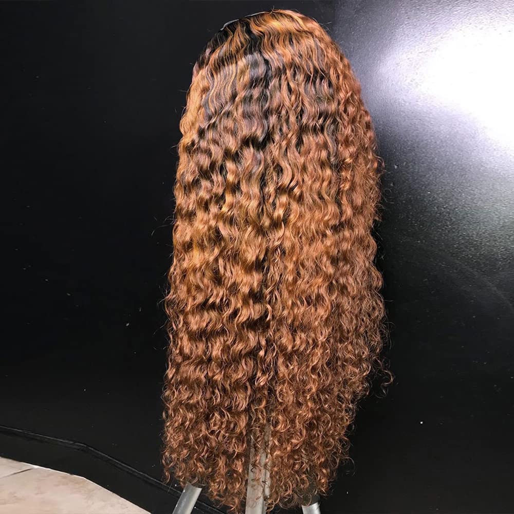 SISIFIRE Deep Wave Lace Front Wigs Ombre Auburn Brown with Black Roots Glueless Wigs Pre-plucked Synthetic Water Wave Frontal Wig with Baby Hair