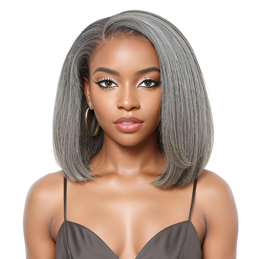 HANASCC 12" Salt and Pepper Human Hair Wigs Pre Plucked Grey Straight Short Bob Wig Pre Cut 5x5 Closure HD Transparent Gluelss Gray Lace Front Wigs for Women