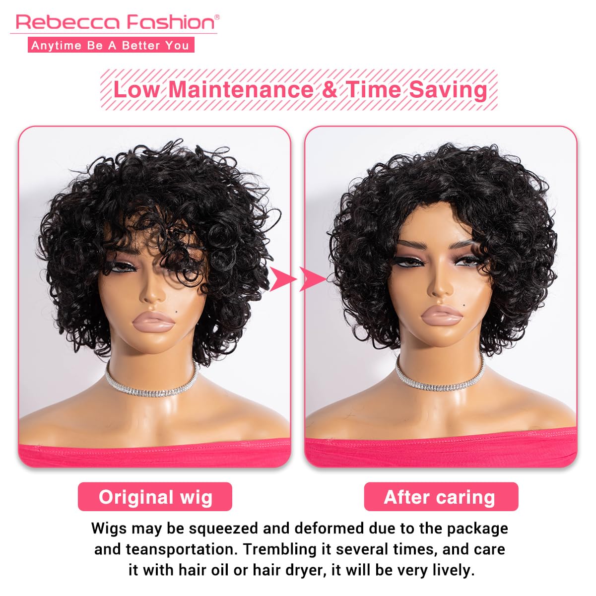 Rebecca Fashion Short Curly Human Hair Wigs for Black Women Cute Curly Bob Wig Side Part Non Lace Glueless Wigs Brazilian Remy Natural Looking Natural Color