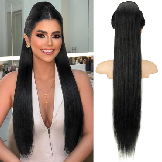 ORSUNCER Drawstring Ponytail Extension, Long Straight Pony Tails Hair Extensions Natural Soft Clip in Ponytail for Women Synthetic Hairpieces Black