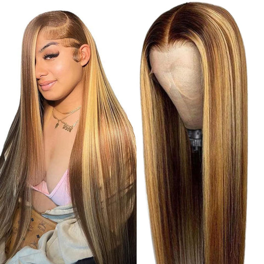 Cypha Ombre Lace Front Wig Human Hair Highlight 13x6 HD Straight Lace Front Wigs 180% Density 4/27 Colored Honey Blonde HD Lace Frontal Wigs For Women Glueless Pre Plucked with Baby Hair 20inch