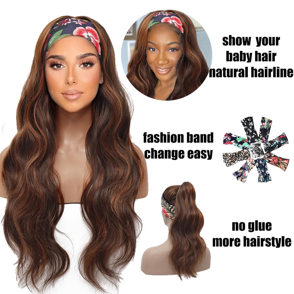 Colorful Queen Headband Wig Brown Highlight Headband Wigs for Black Women Ombre Body Wave Head Band Wig Glueless Half Long Wavy Wig with Headband 26 Inch