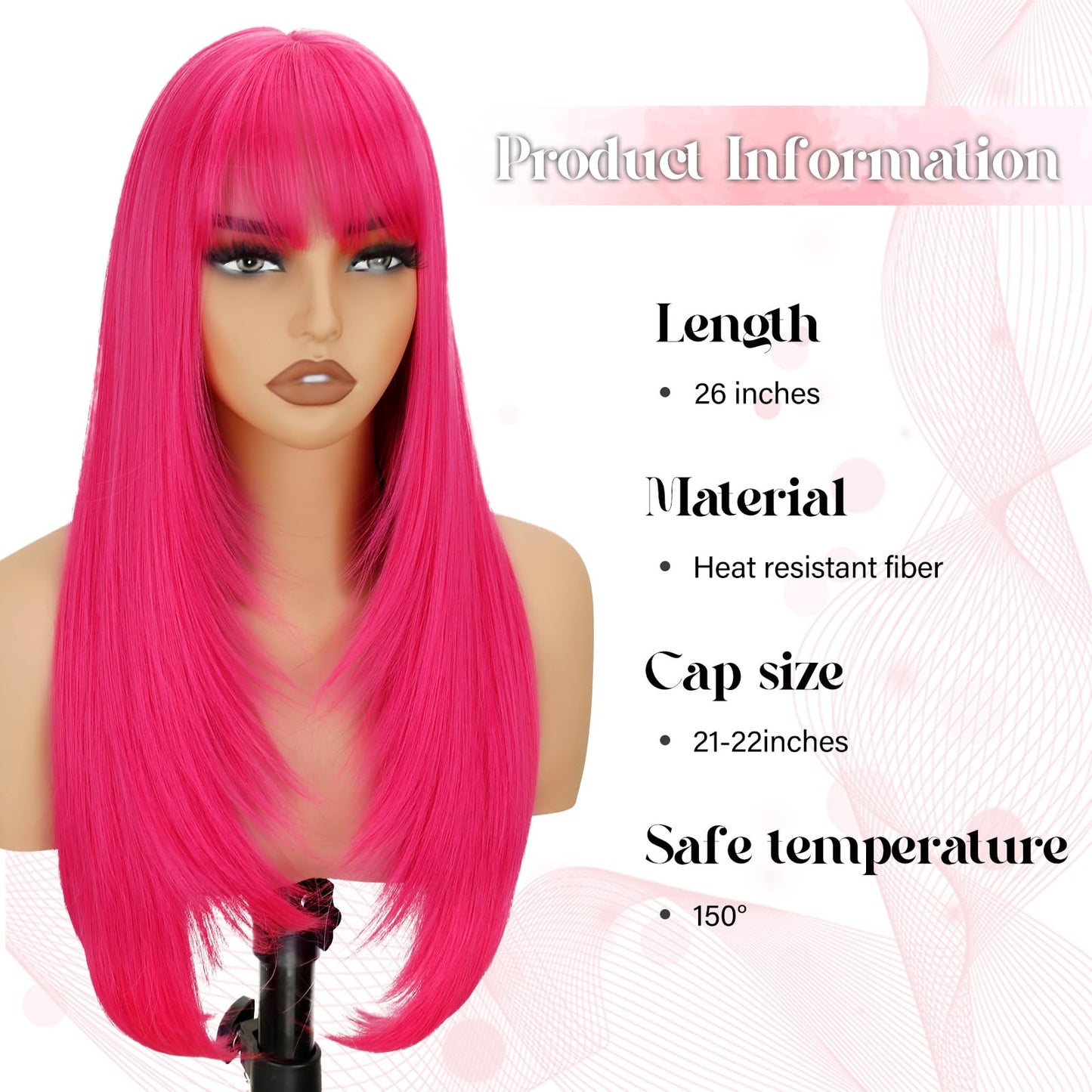 NOVFLKW Hot Pink Long Straight Layered Wig with Bangs for Women 26 inch Put on Go Realistic Synthetic Fiber Heat Resistant Natural Wig for Girls Party Cosplay and Daily Use
