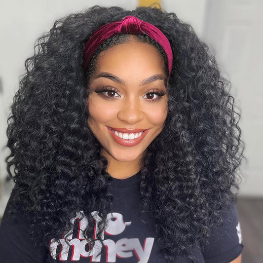 Aisaide Kinky Curly Headband Wig 16 Inch Headband Wigs for Black Women None Lace Front Curly Wave Half Hair Wig Wear and Go Glueless Wig Natural Color