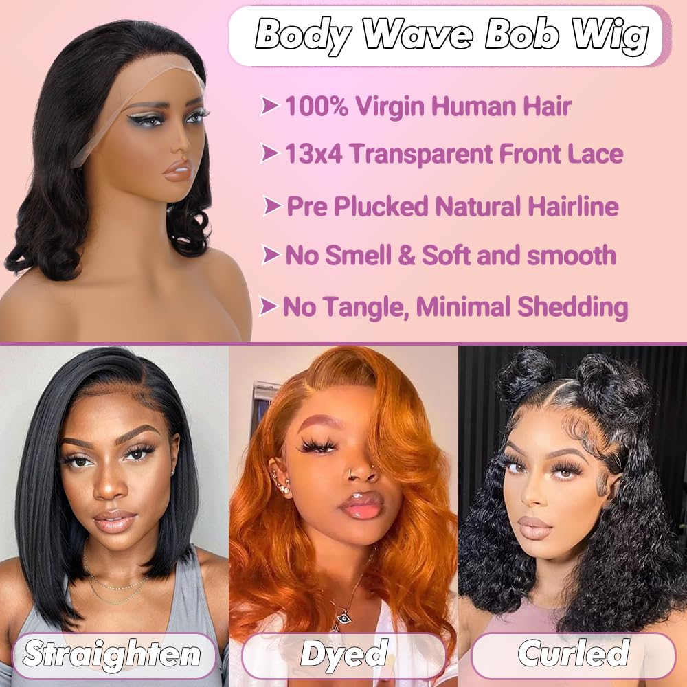 FASCARA Body Wave Wigs Human Hair 13x4 Lace Front Wigs 180% Density HD Transparent Lace Frontal Wigs Human Hair Pre Plucked with baby hair Glueless Short Wigs for Women Wigs 14 Inch