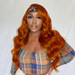 Colorful Queen Glueless Headband Wig Synthetic Dark Orange Body Wave Headband Wigs for Black Women Natural Looking Wavy Wig Heat Resistant 180% Density(26inch, Dark Orange#)