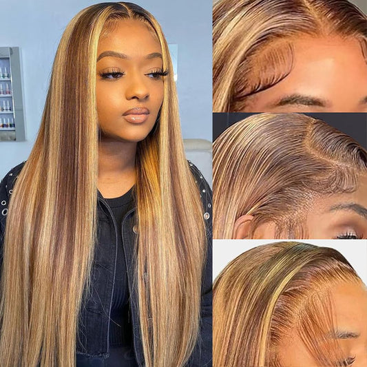 ROLKISA Highlight Ombre Lace Front Wig Human Hair 13x6 HD Transparent Straight Lace Front Wigs Human Hair Pre Plucked 180% Density 4/27 Colored Honey Blonde Wig for Women 22Inch