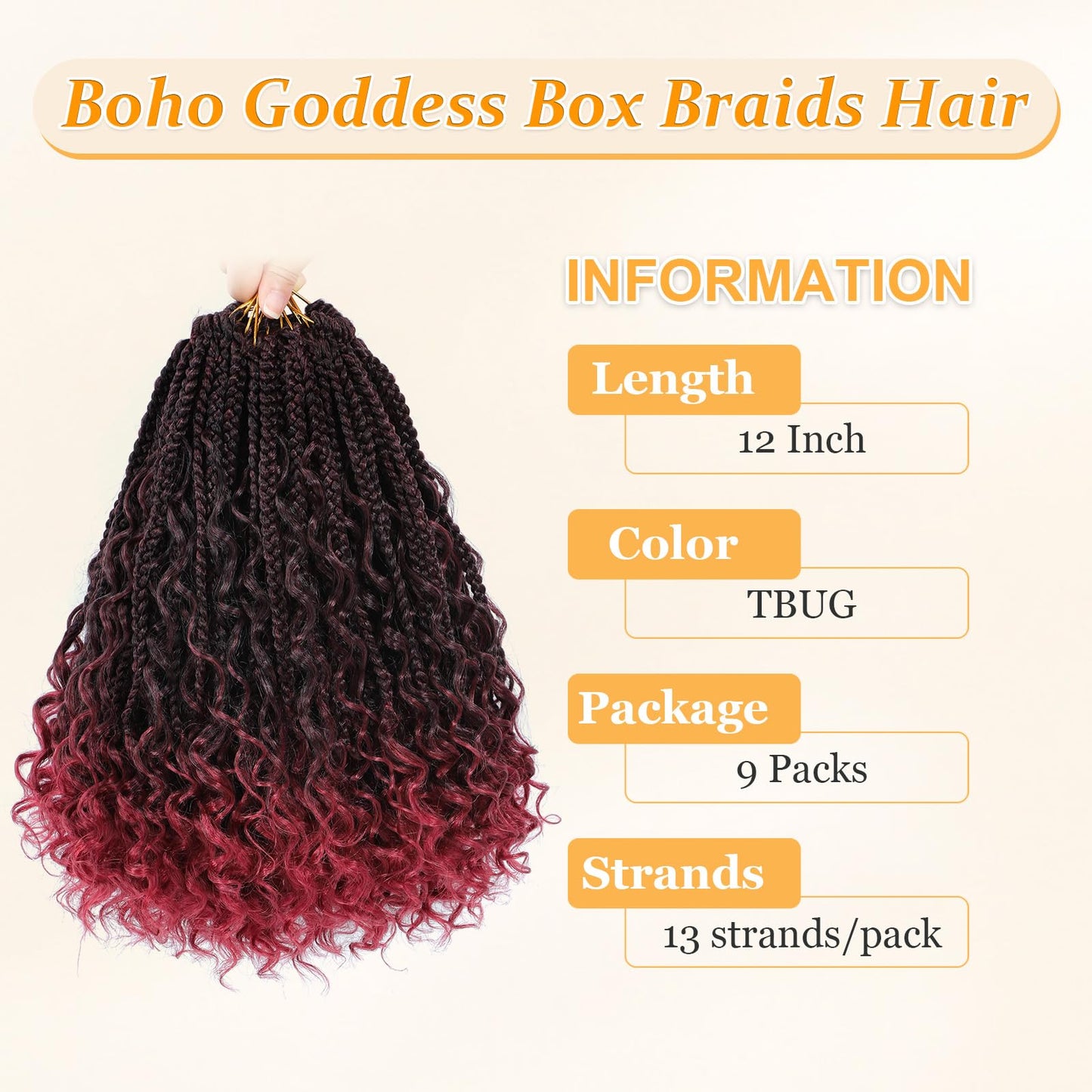 Yewell Goddess Box Braids Crochet Hair 12 Inch Boho Crochet Box-Braids With Curly Ends For Black Women,9 Packs Bohomian Crochet Box-Braid Pre Looped Box Braiding(12Inch 9Packs,TBUG)