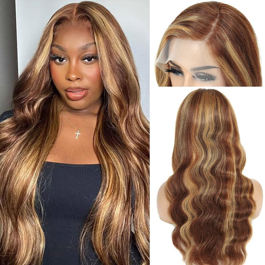 Highlight Ombre Lace Front Wig Human Hair Pre Plucked With Baby Hair 13x4 Body Wave Frontal Wigs Human Hair 200% Density 4/27 Colored Honey Blonde Lace Front Wig for Women 28 Inch
