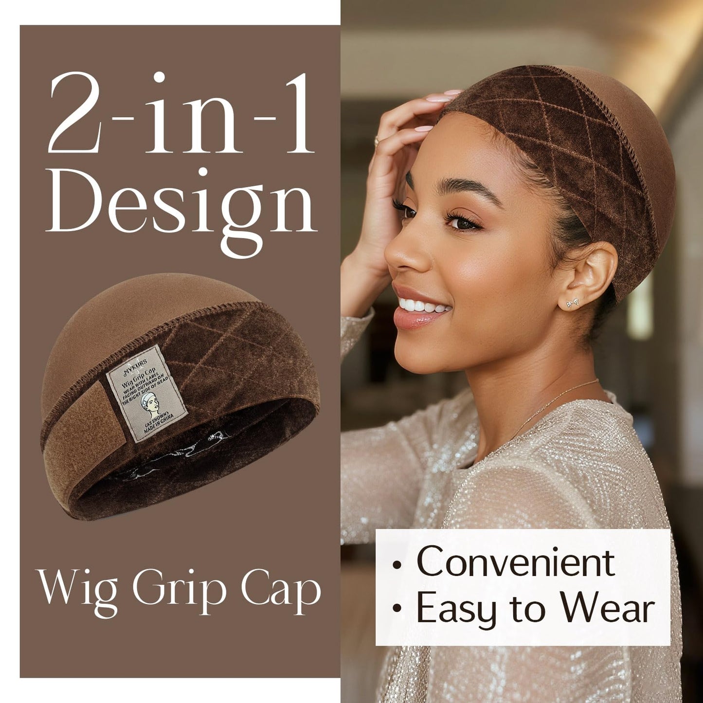 MYKURS Wig Grip Cap with Silicone Strip Non Slip, 2-in-1 Soft Wig Caps to Hold Wig in Place, Brown 2 PCS