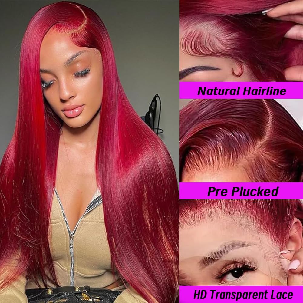 99j Burgundy Lace Front Wigs Human Hair 28Inch Reddish Brown Wig 13x6 HD Transparent Wine Red Colored Lace Front Wigs Human Hair Straight Lace Frontal Wigs 180% Density Pre Plucked With Baby Hair
