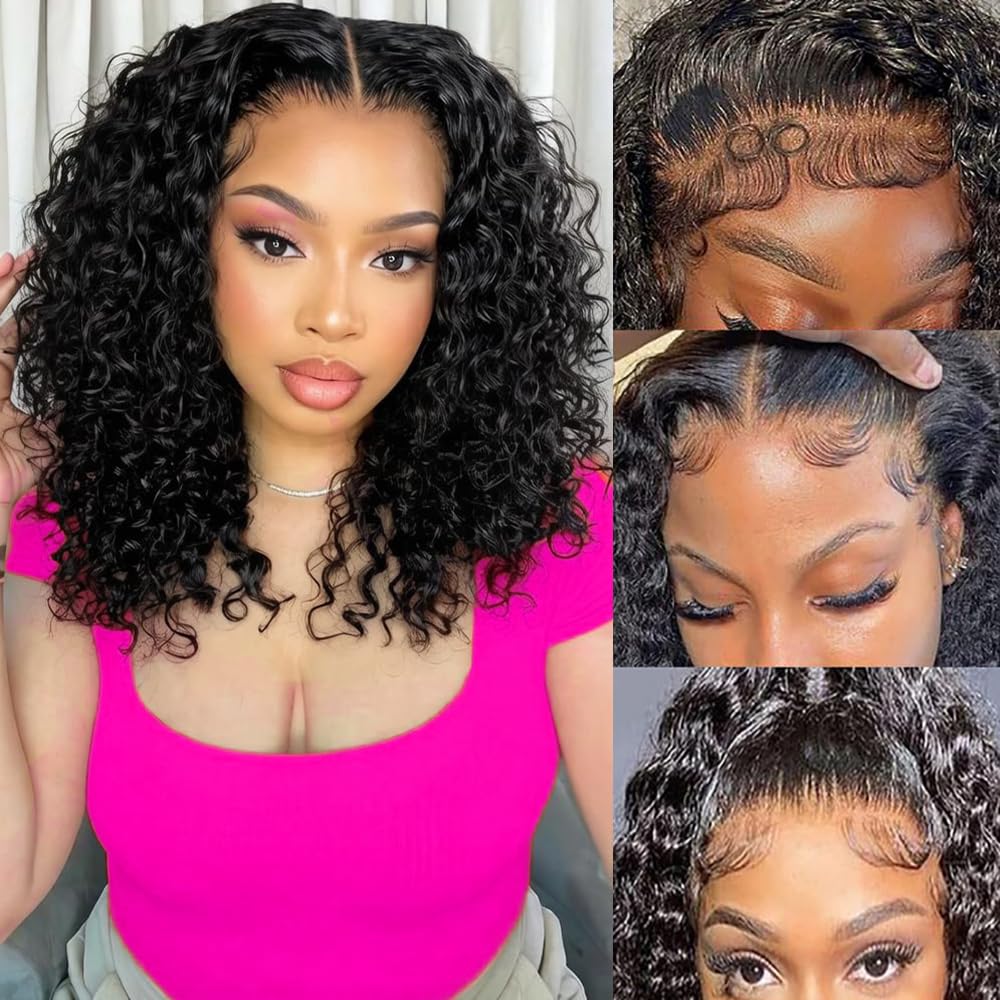 JTMMP Bob Wig Human Hair 13x6 Deep Wave Lace Front Wigs Human Hair 200% Density 16 Inch Curly Human Hair Wig for Women Natural Black HD Transparent Lace Glueless Frontal Wigs Human Hair Pre Plucked