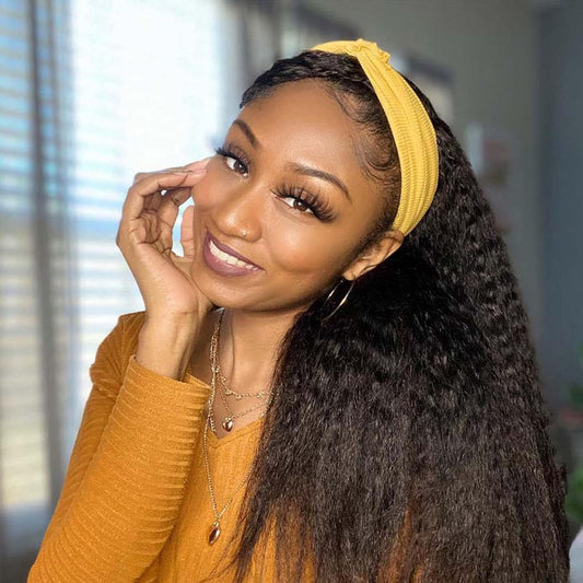 G&T Yaki Straight Headband Wigs for Black Women - Synthetic Long Kinky Straight Hair Wigs With Hair Band Attached Half Wig - 26 inch Full Machine Made None Lace Front Wig