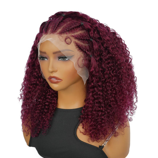 SUPERNOVA Burgundy Curly Wig Human Hair 99j 13x4 Lace Front Cruly Human Hair Wig Pre Plucked Transparent Lace Pre Styled Half-Cornrows Half-Deep Curly Colored Wigs 200 Density 16 Inch