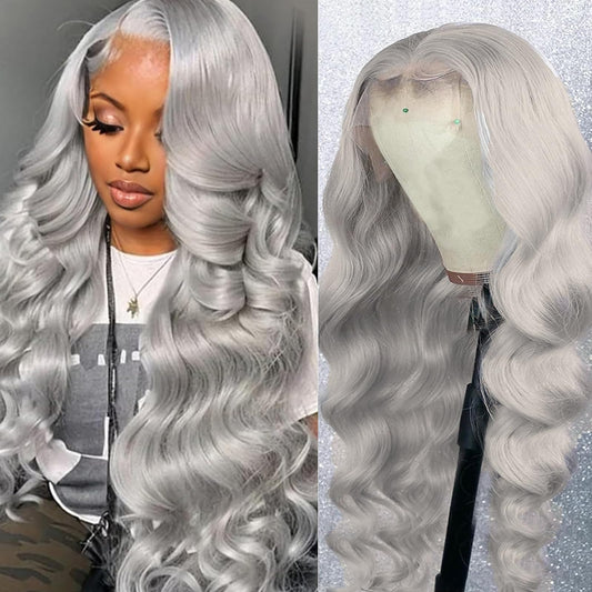 Dorashion 30 Inch Grey Lace Front Wigs Human Hair 13x4 HD Transparent Body Wave Human Hair Lace Front Wigs for Women 180 Density Pre Plucked Lace Frontal Colored Wig with Baby Hair