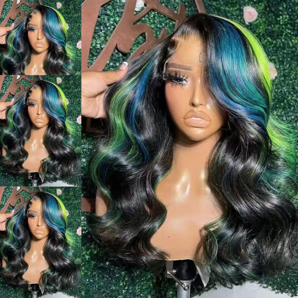 SISIFIRE Blue Green Highlight Lace Front Wigs for Women Pre-plucked Hairline Glueless 13X4 Inch Synthetic Lace Front Wig with Baby Hair Long Loose Body Wave Wigs for Daily Party Wig
