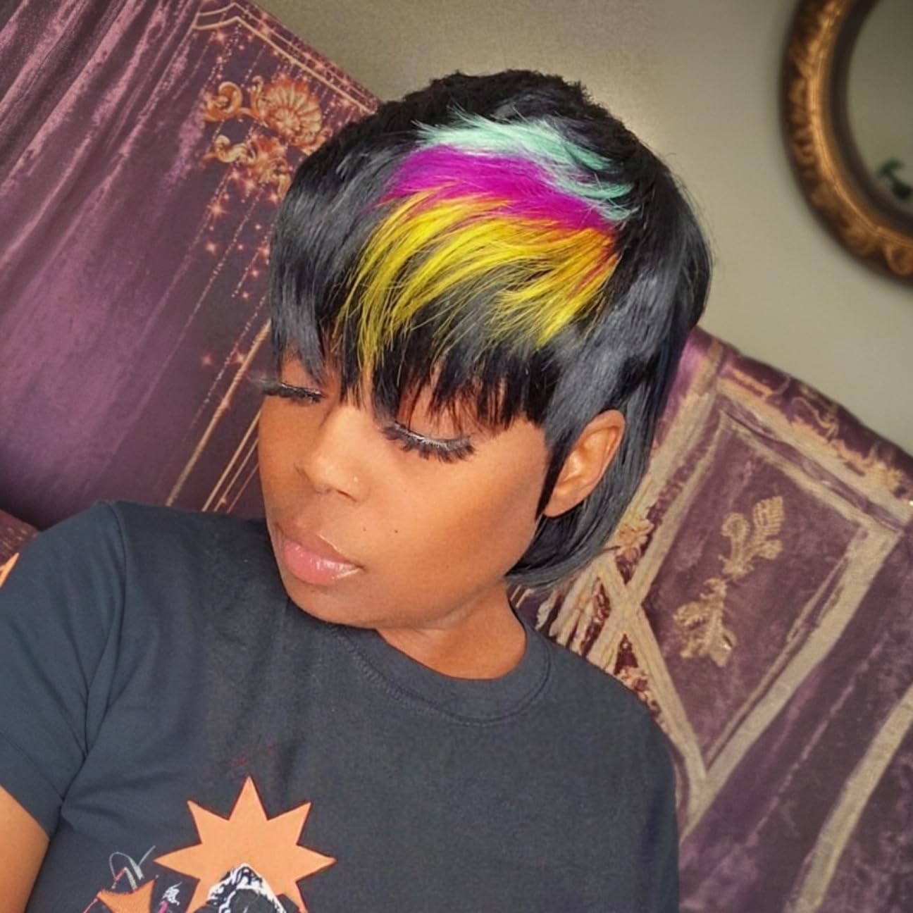 QiaQiaRing Mullet Wigs for Black Women Chic Elegent Mullet Pixie Cut Wigs for Daily Use Short Layered Pixie Bob Human Hair With Bangs Brazilian Virgin Straight Bob Human Hair (1b/purple/blue)