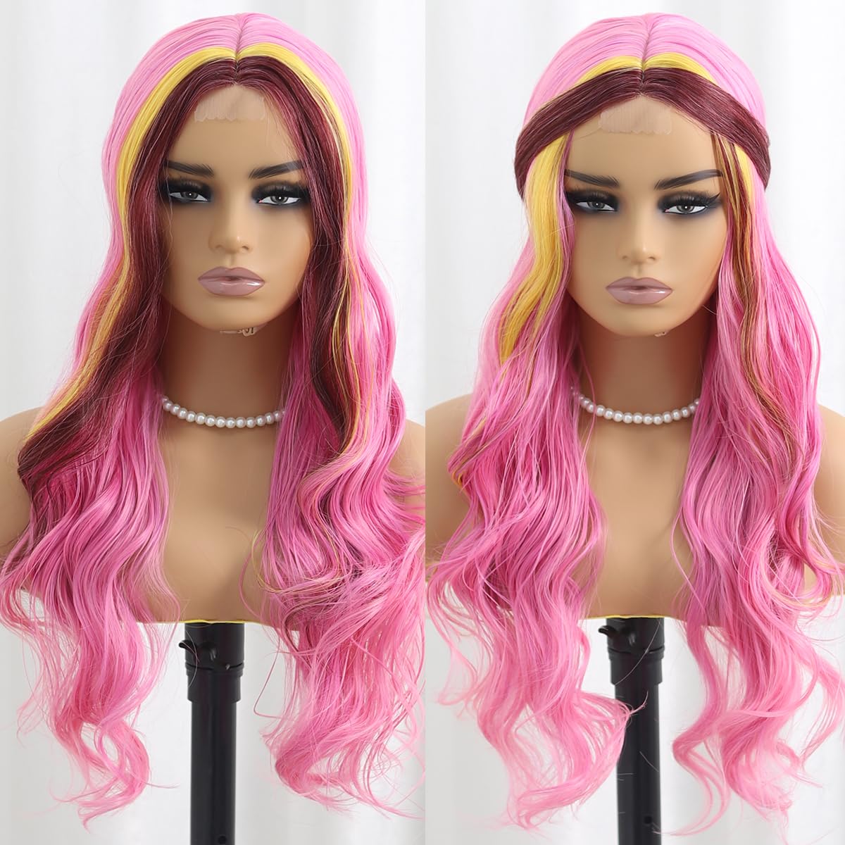 SISIFIRE Pink Yellow Highlight Dark Red Long Curly Wavy Wigs for Women Middle Part Synthetic Heat Resistant Fiber Small Lace Wig for Halloween Cosplay Christmas Wigs