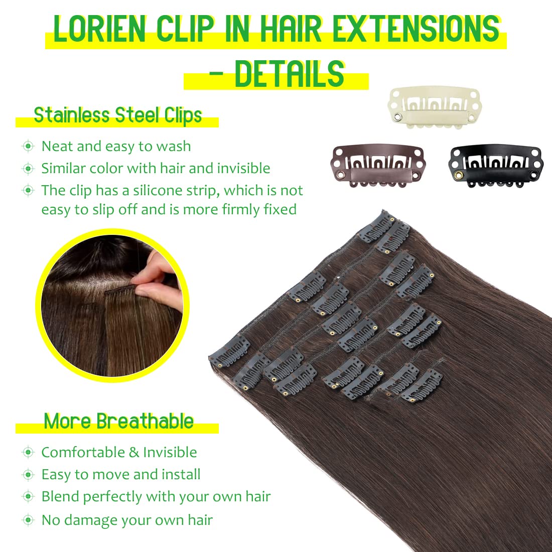 LORIEN Clip in Hair Extensions Real Human Hair, 24 Inch 120g, 2 Darkest Brown, Clip in 100% Brazilian Remy Human Hair Extensions 8pcs Per Set with 18 Clips Double Weft