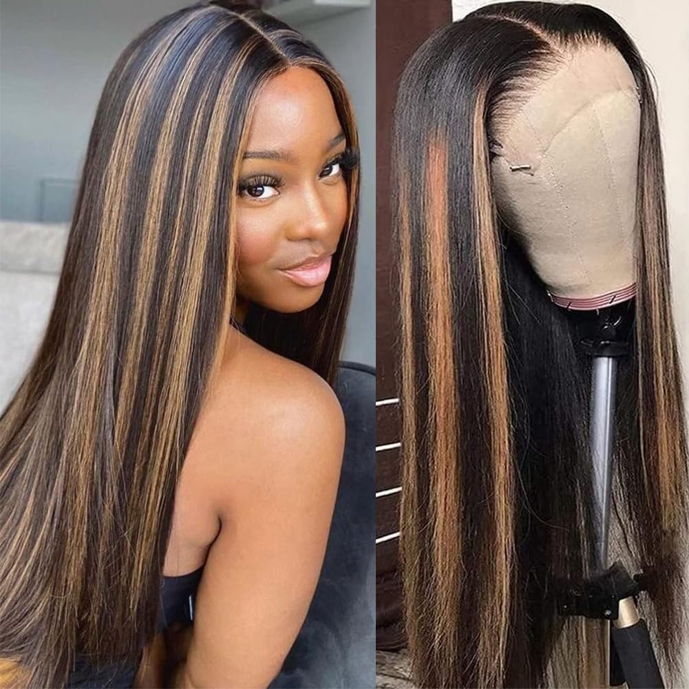 ONECHULY Highlight Ombre Lace Front Wig Human Hair 1B/30 200% Density 13x4 Glueless HD Transparent Lace Front Wigs Pre Plucked with Baby Hair Balayage Brown Lace Front Wigs Human Hair 28 Inch