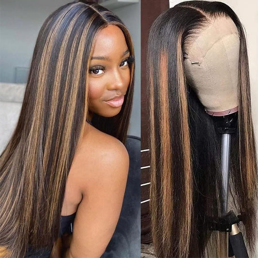 ONECHULY Highlight Ombre Lace Front Wig Human Hair 1B/30 200% Density 13x4 Glueless HD Transparent Lace Front Wigs Pre Plucked with Baby Hair Balayage Brown Lace Front Wigs Human Hair 28 Inch