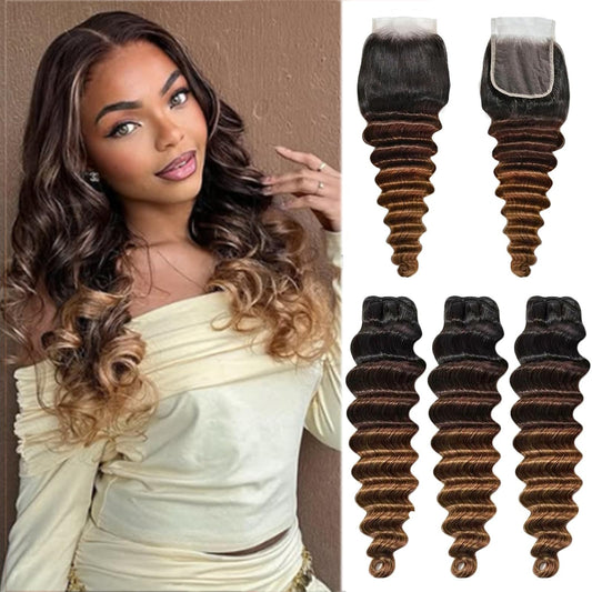 Beaushine 10A Human Hair Bundles With Closure Ombré Loose deep Wave Bundles (T1B/2/4,14 16 18+14) Ombre Brazilian Raw Human Hair Virgin Remy Loose Wave Hair 3 Tone Black to Brown