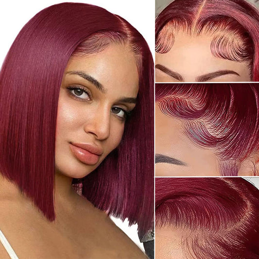 UTIDE Darker Burgundy Bob Wig 14 Inch Human Hair Short Bob 13x4 HD Transparent Lace Front Wig Pre Plucked with Baby Hair Rich Red for Black Women 180 Density