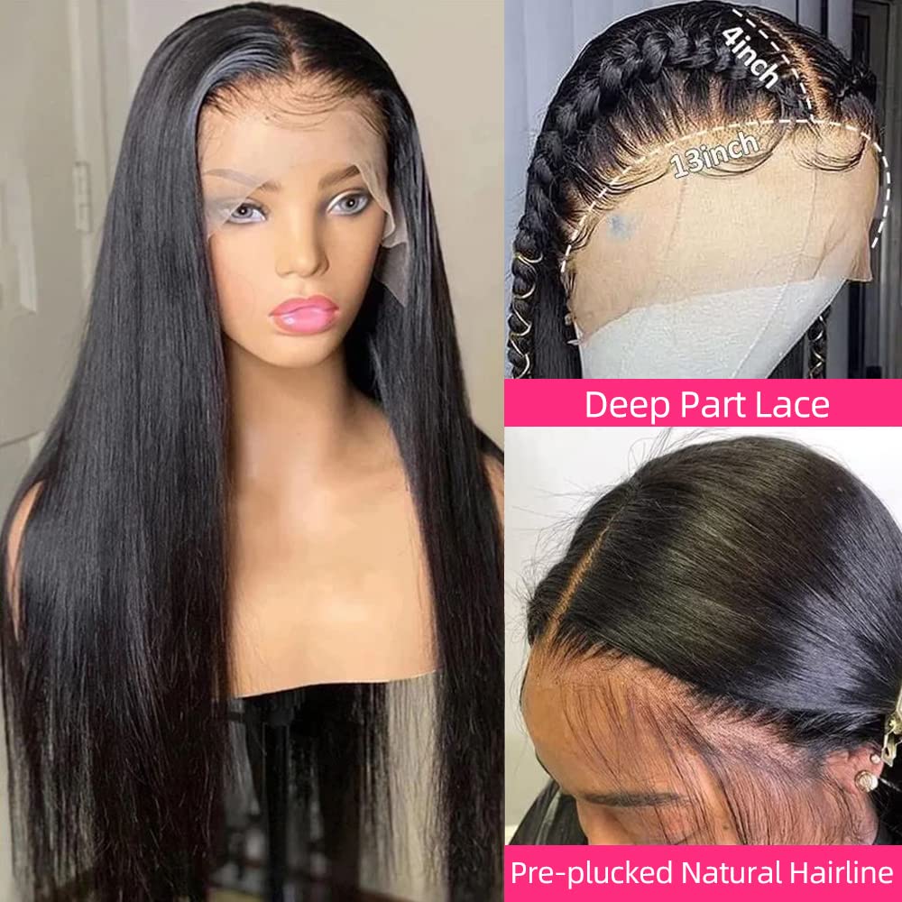 XUBULO Straight Lace Front Wigs 13x4 HD Transparent Lace Front Wigs Pre Plucked 200 Density Brazilian Virgin Straight Frontal Wigs with Baby Hair for Women 24 Inch