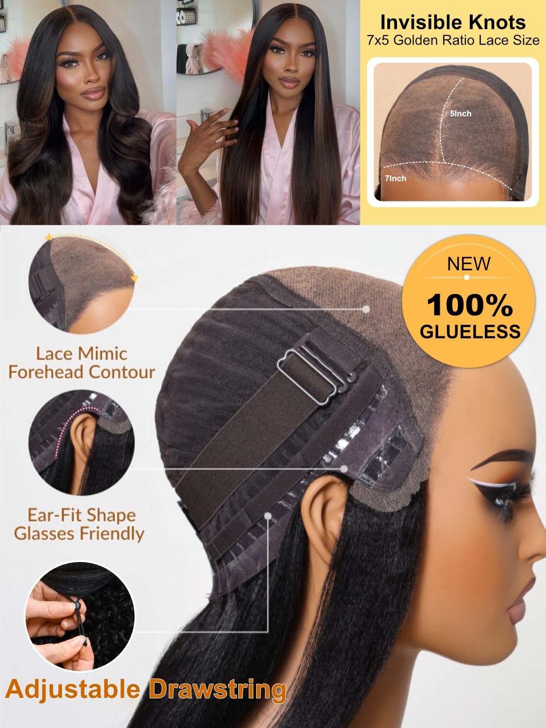 Sunber Ombre Chestnut Yaki Straight Human Hair Wigs with Drawstring Put and Go Bye Bye Knots Pre Cut 7x5 HD Lace Front Glueless Yaki Wigs Pre Plucked Invisible Knots 3S Wear 24Inch Beginner friendly