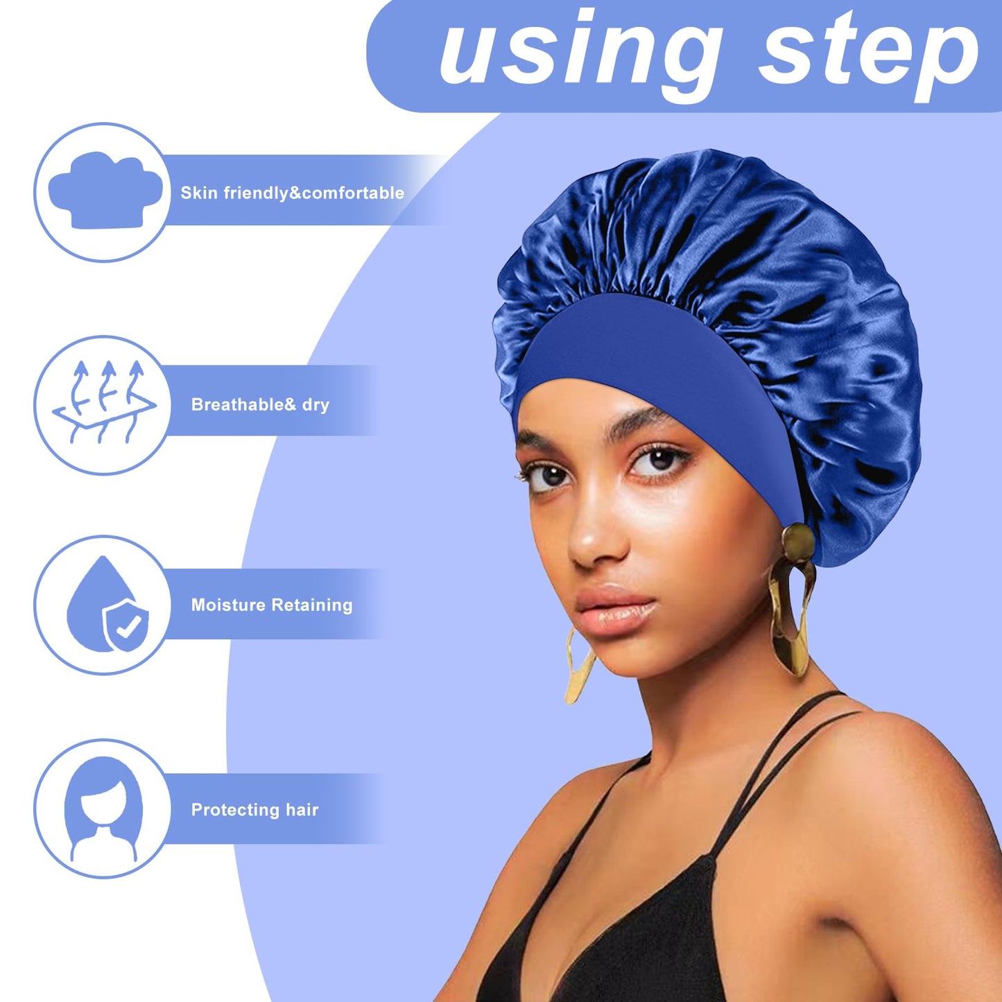 4PCS Silk Bonnet for Sleeping - Satin Hair Wrap Cap for Black Women Men, Curly Hair - Elastic Wide Band Shower Cap (Black, Sapphire Blue, Green, Purple)