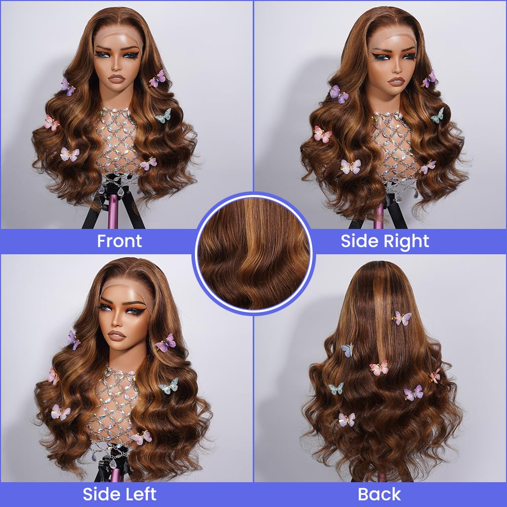 Highlight Ombre 13x4 Lace Front Wigs Human Hair 4/27 Colored Body Wave Honey Blonde 9A Glueless HD Transparent Lace Frontal Wigs for Women 180% Density Human Hair Pre Plucked with Baby Hair 18 Inch