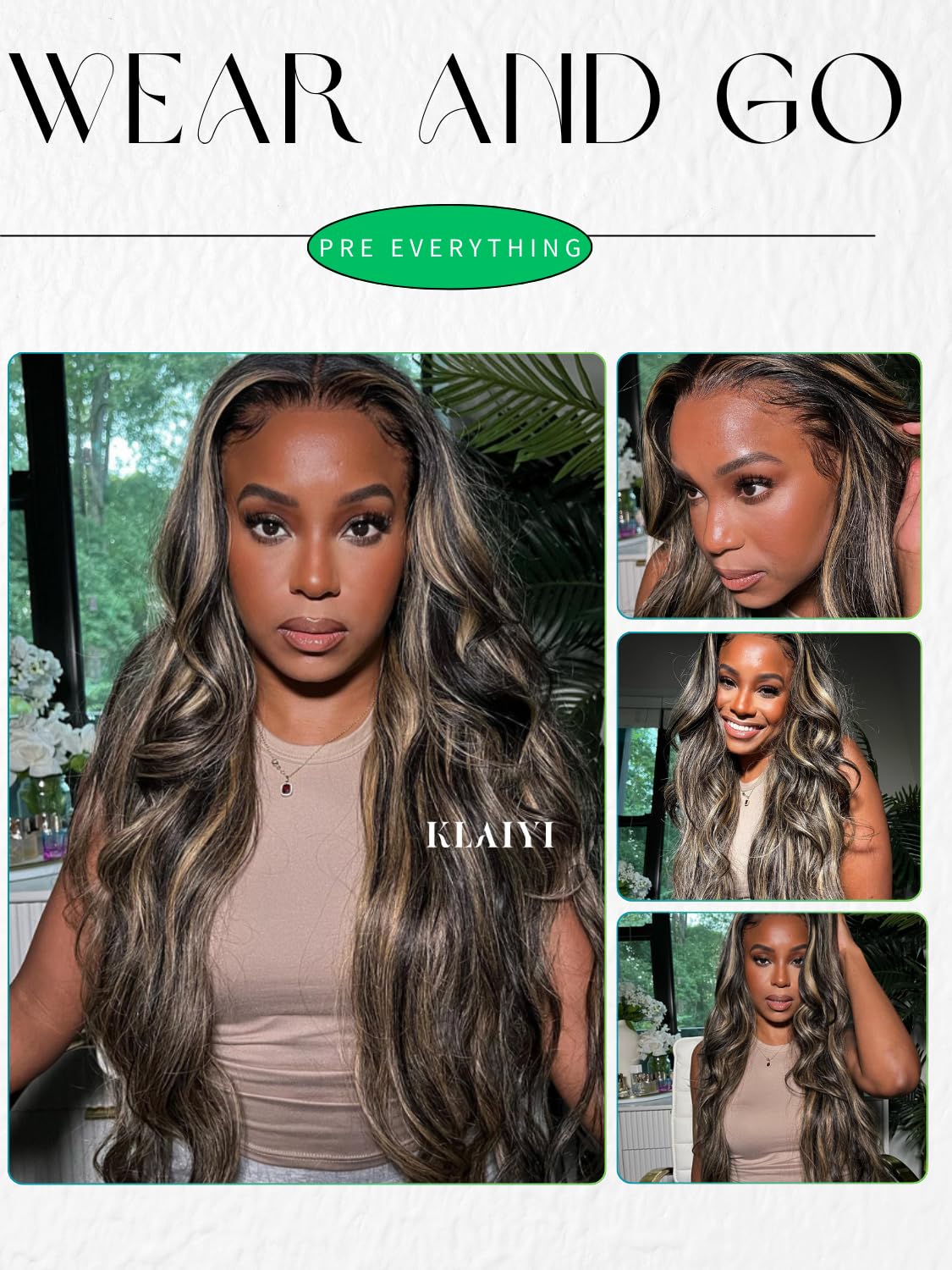 KLAIYI Bye Bye Knots Glueless Wig Human Hair 13x4 Balayage Highlight 3D Body Wave Precut Lace Front Wig with Baby Hair Black Mix Blonde Brown Pre Plucked Pre Bleached Knots Wig 30S Easy to Wear 26Inch