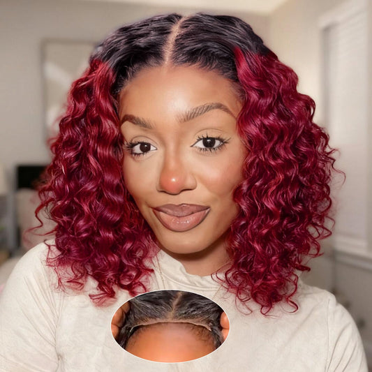 UCUVIC Wear And Go Glueless Wigs Human Hair Pre Plucked Pre Cut Curly 5x5 Deep Wave Bob Wig Human Hair Lace Front Closure Wigs For Black Women 200 Density Curly Wig Glueless Ombre Burgundy 12 Inch