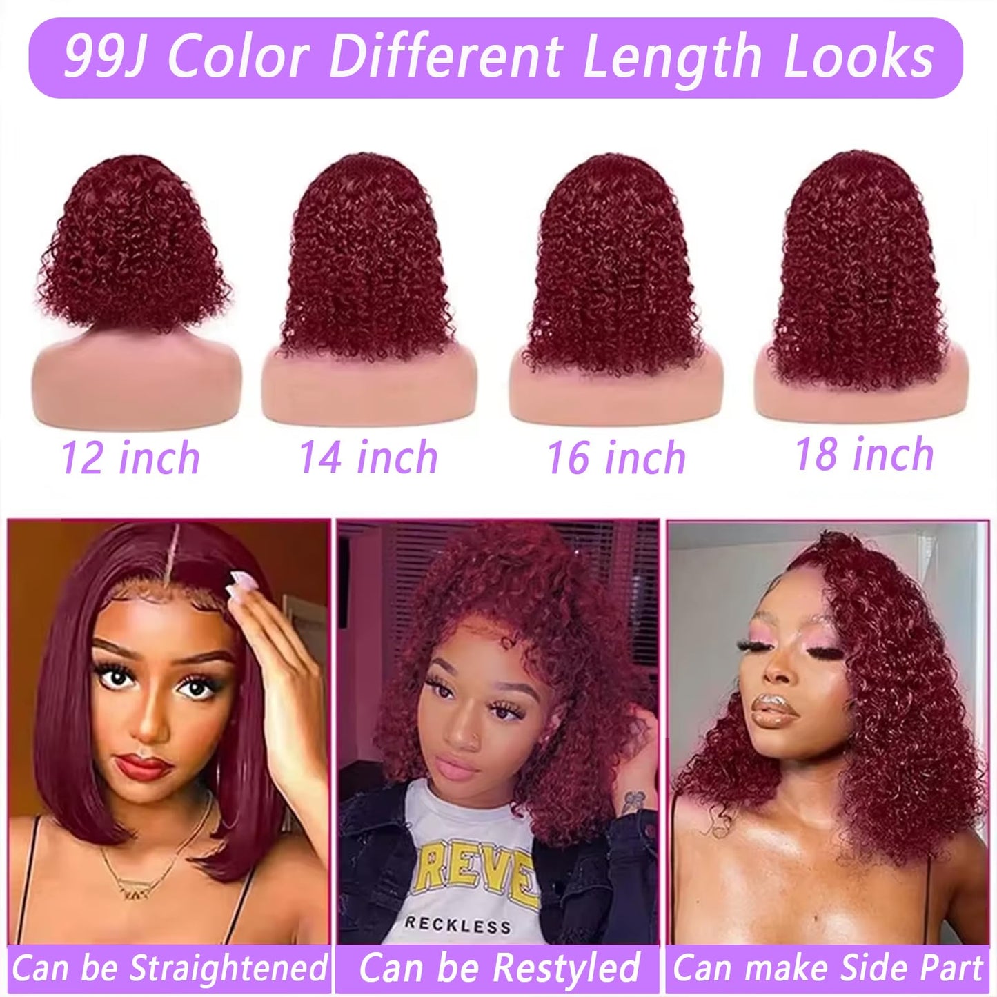 Punmasa 18 Inch Bob Wig Human Hair 13x6 Frontal Lace Wig 200% Density 99J Burgundy Lace Front Wigs Human Hair Pre Plucked Bob Wigs for Women 99J Deep Curly human hair