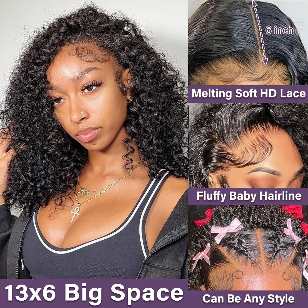 Hihmarm Curly Bob Wig Human Hair 13x6 HD Transparent Lace Kinky Curly Front Wigs Human Hair Pre Plucked Short Bob Wigs for Black Women Glueless Wig 180 Density Natural Black 12 Inch