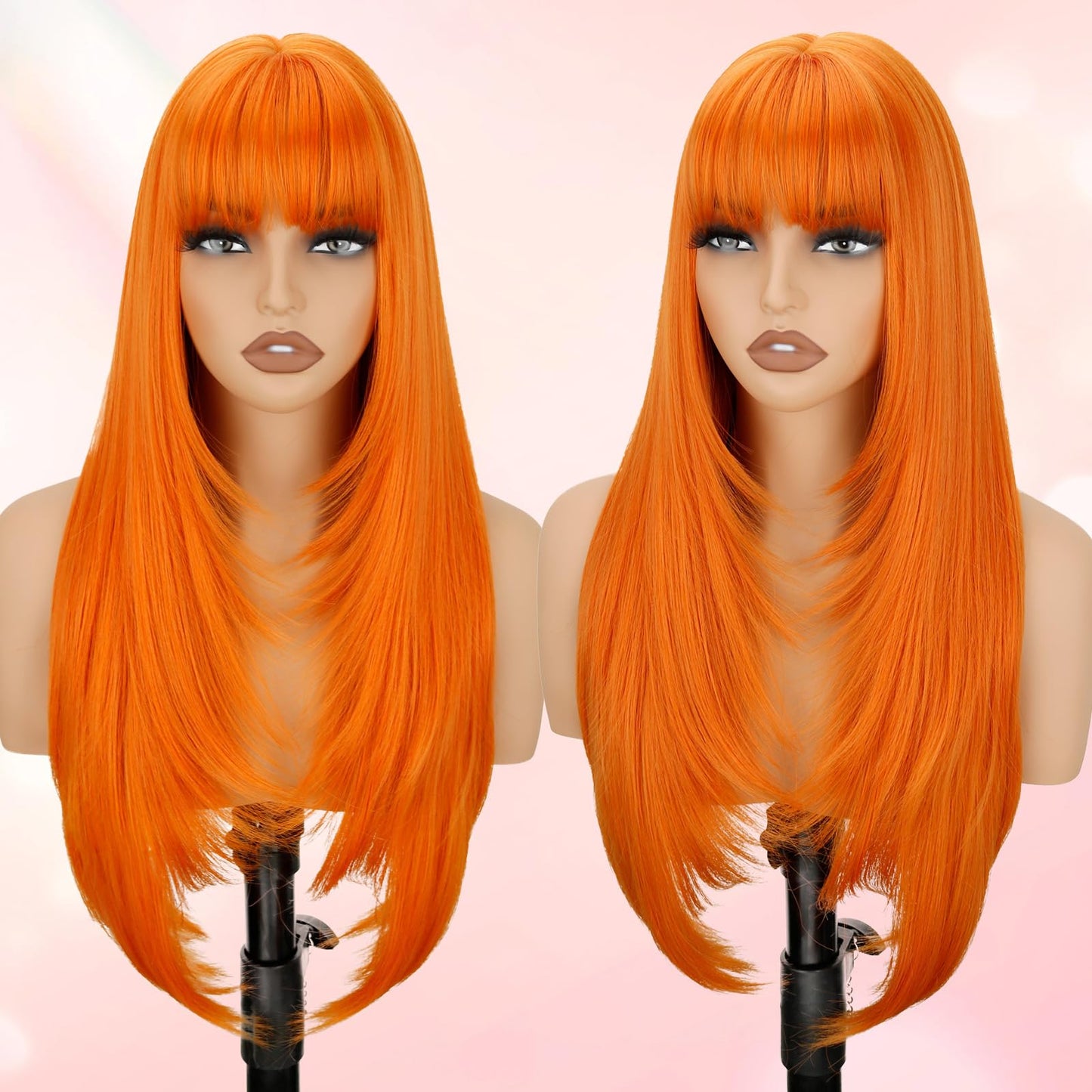 NOVFLKW Orange Long Straight Layered Wig with Bangs for Women 26 inch Put on Go Realistic Synthetic Fiber Heat Resistant Natural Wig for Girls Party Cosplay and Daily Use