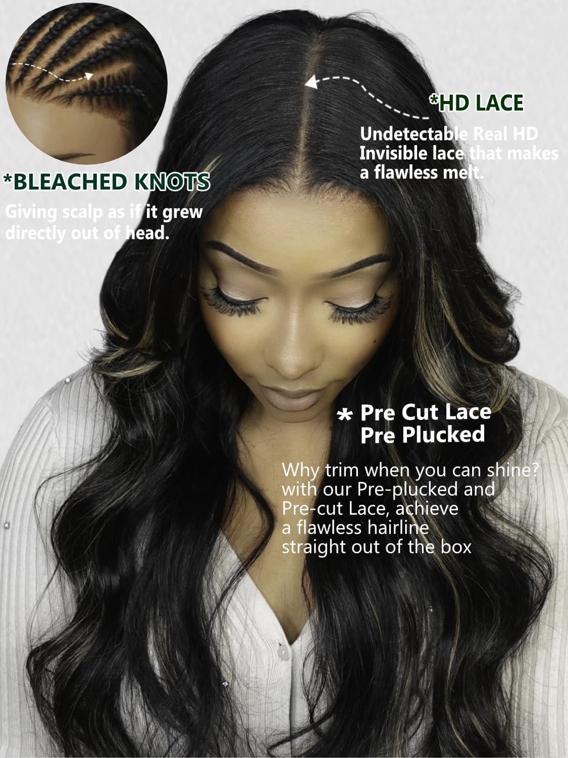 KLAIYI Bye Bye Knots Glueless Wig Human Hair 13x4 Balayage Highlight 3D Body Wave Precut Lace Front Wig with Baby Hair Black Mix Blonde Brown Pre Plucked Pre Bleached Knots Wig 30S Easy to Wear 26Inch