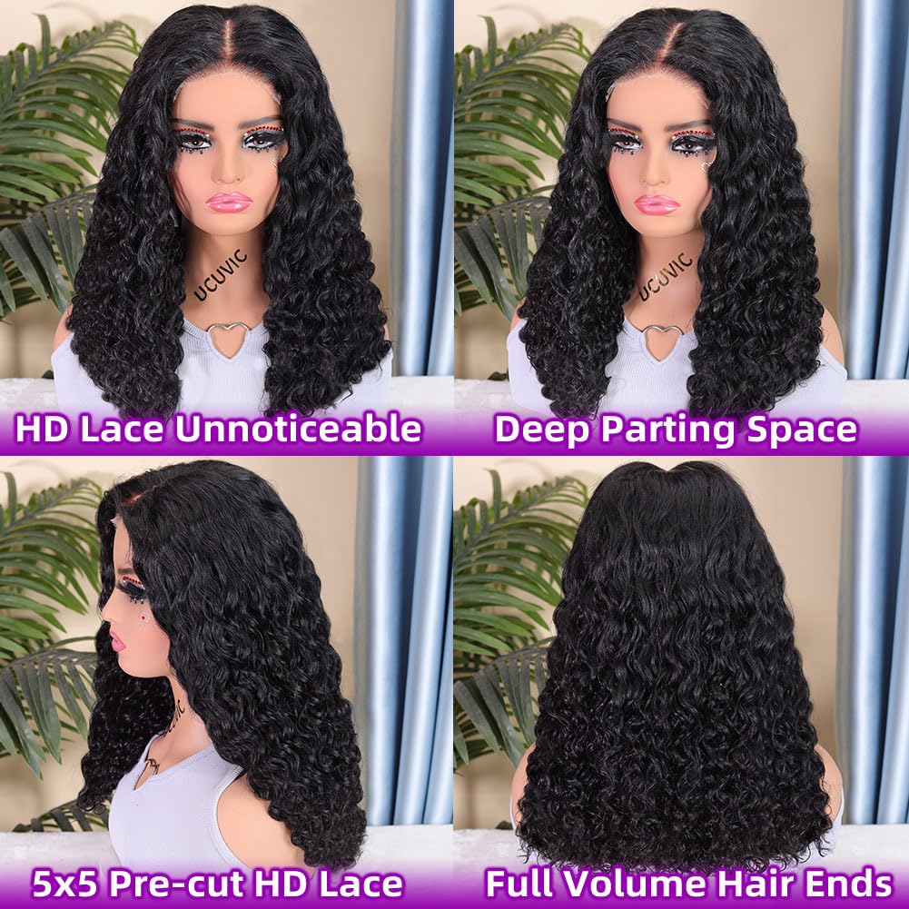 UCUVIC Wear And Go Glueless Wigs Human Hair Pre Plucked Pre Cut Curly 5x5 Water Wave Bob Wig Human Hair Lace Front Closure Wigs For Black Women 200 Density Curly Wig Glueless Wear And Go Black 18 Inch