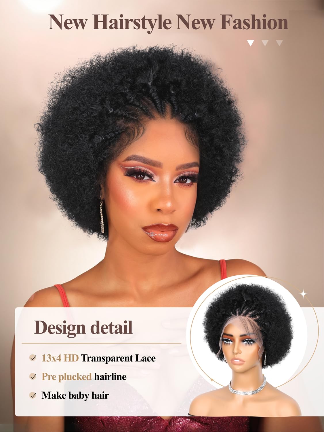 Quantum Love Braided Cornrow Afro Puff Wig for Black Women Stitch Braids Lace Front Wigs with Baby Hair Glueless Prep lucked Afro Braid Synthetic Natural Black Hair