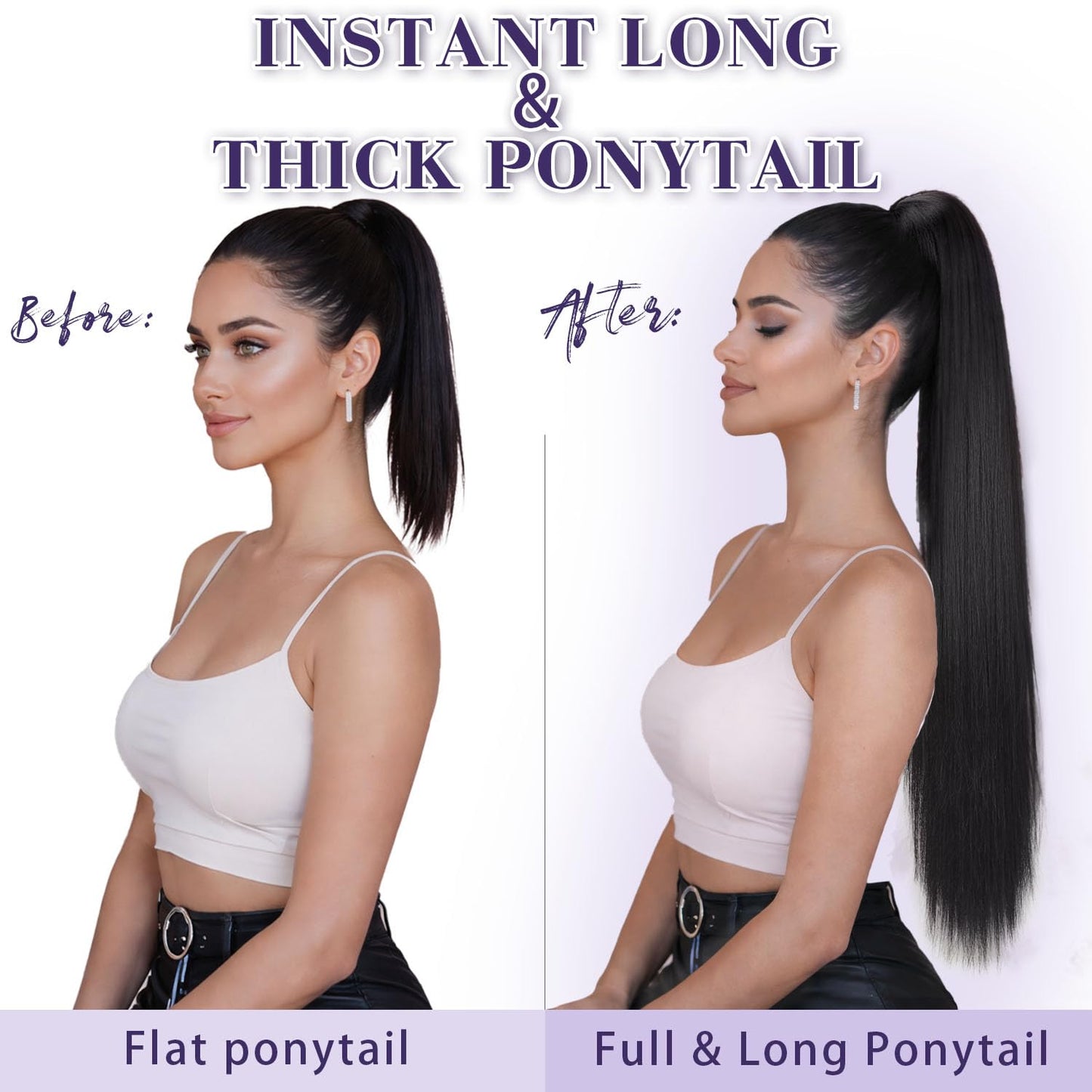 ORSUNCER Drawstring Ponytail Extension, Long Straight Pony Tails Hair Extensions Natural Soft Clip in Ponytail for Women Synthetic Hairpieces Black