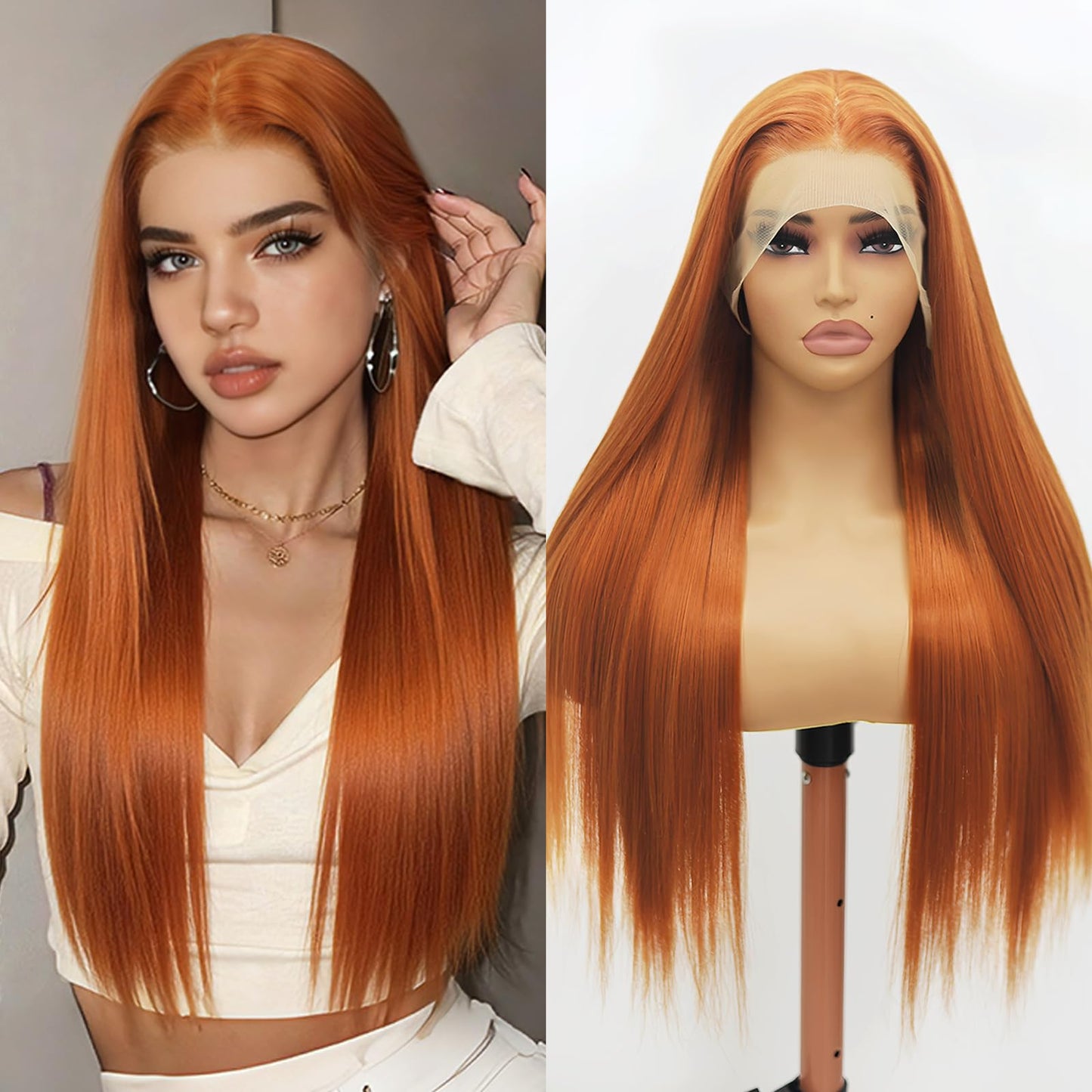 Fugady Long Ginger Glueless Wig 13x4 Orange Straight Heat Resistant Synthetic Fiber Lace Front Wig Dark Ginger Pre Plucked 200 Density Hd Lace Wig With Baby Hair Colorful Wigs For Women 26 inches