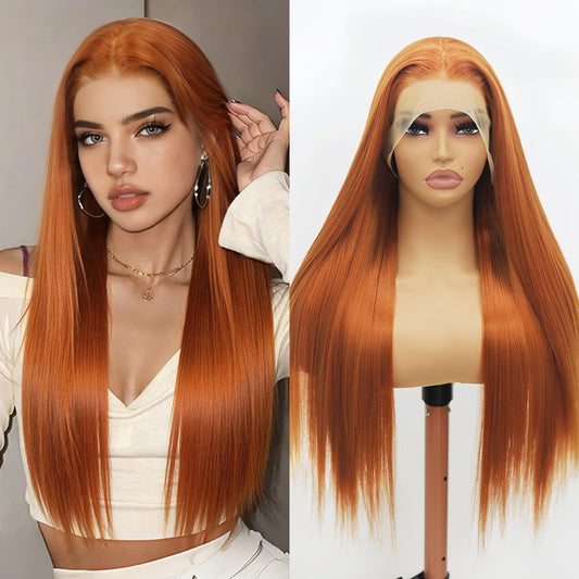 Fugady Long Ginger Glueless Wig 13x4 Orange Straight Heat Resistant Synthetic Fiber Lace Front Wig Dark Ginger Pre Plucked 200 Density Hd Lace Wig With Baby Hair Colorful Wigs For Women 26 inches