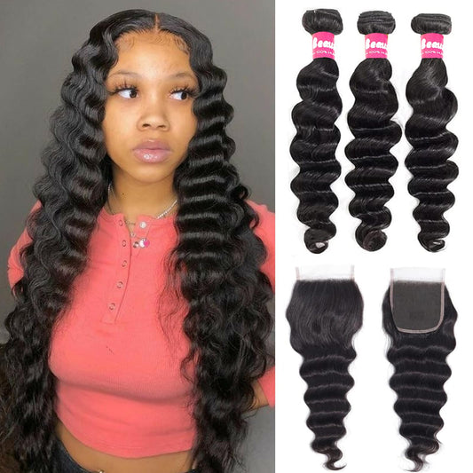 Beaushine Human Hair Bundles with Closure Loose Deep Wave Bundle Human Hair(12 14 16+12), 10A Loose Deep Wave Bundles and Closure Unprocessed Brazilian Remy Virgin Human Hair Weave Bundle with Closure