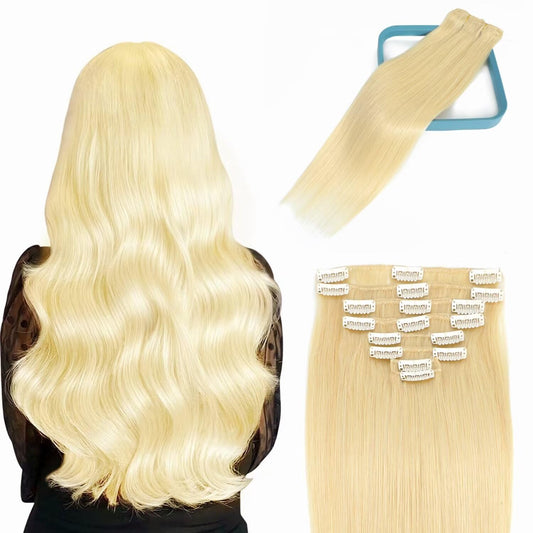 LORIEN Clip in Hair Extensions Real Human Hair, 18 Inch 100g, 613 Bleach Blonde, Clip in 100% Brazilian Remy Human Hair Extensions 8pcs Per Set with 18 Clips Double Weft
