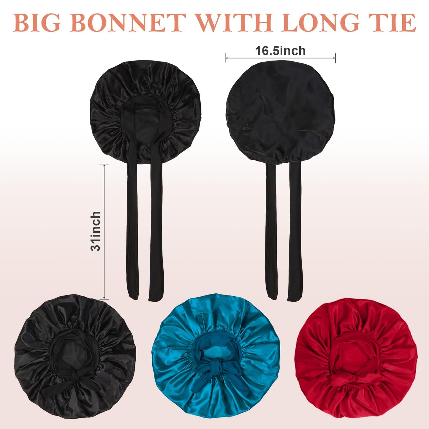 Kafteri 3Pcs Satin Silk Bonnet for Sleeping, Extra Large Hair Bonnets for Sleeping Black Curly Hair Women Big Jumbo Bonnet with Tie Band Braids