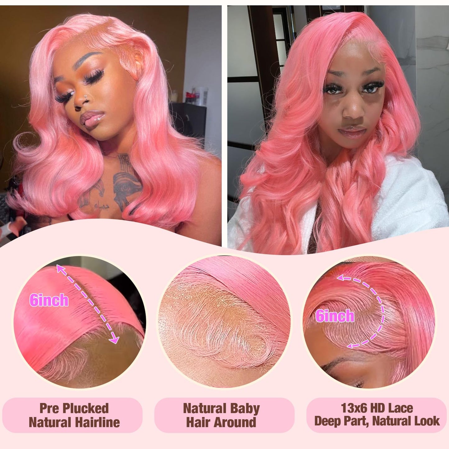 NKMR 13x6 Pink Lace Front Wig Human Hair Pink Wigs for Women Body Wave 13x6 Hd Lace Frontal Wigs Glueless Pre Plucked with Baby Hair(34Inch)