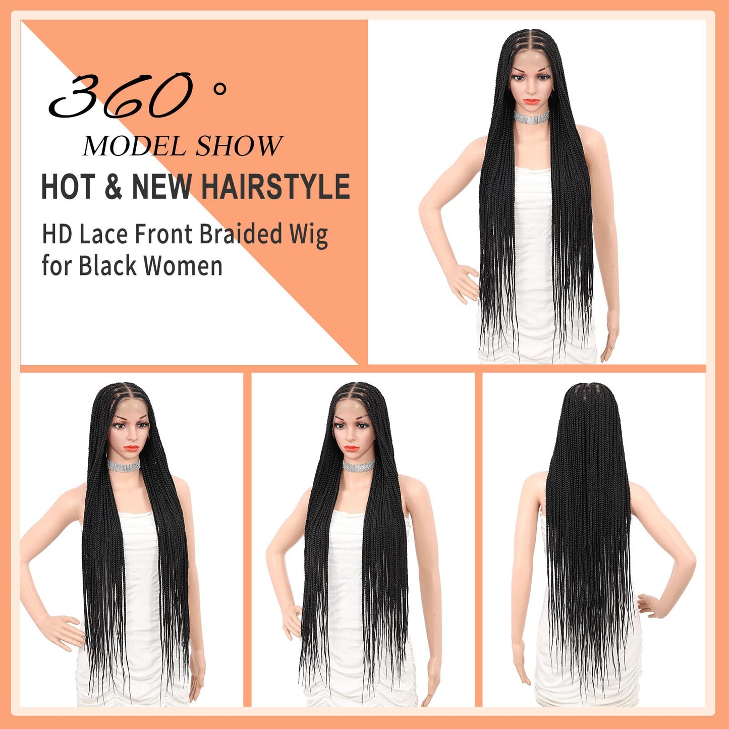 Brinbea 36'' 13X8" HD Lace Front Knotless Braided Wigs for Women Box Braid Wig with Baby Hair Braided Lace Front Wigs Premium Synthetic Braid Wig Natural Long Black