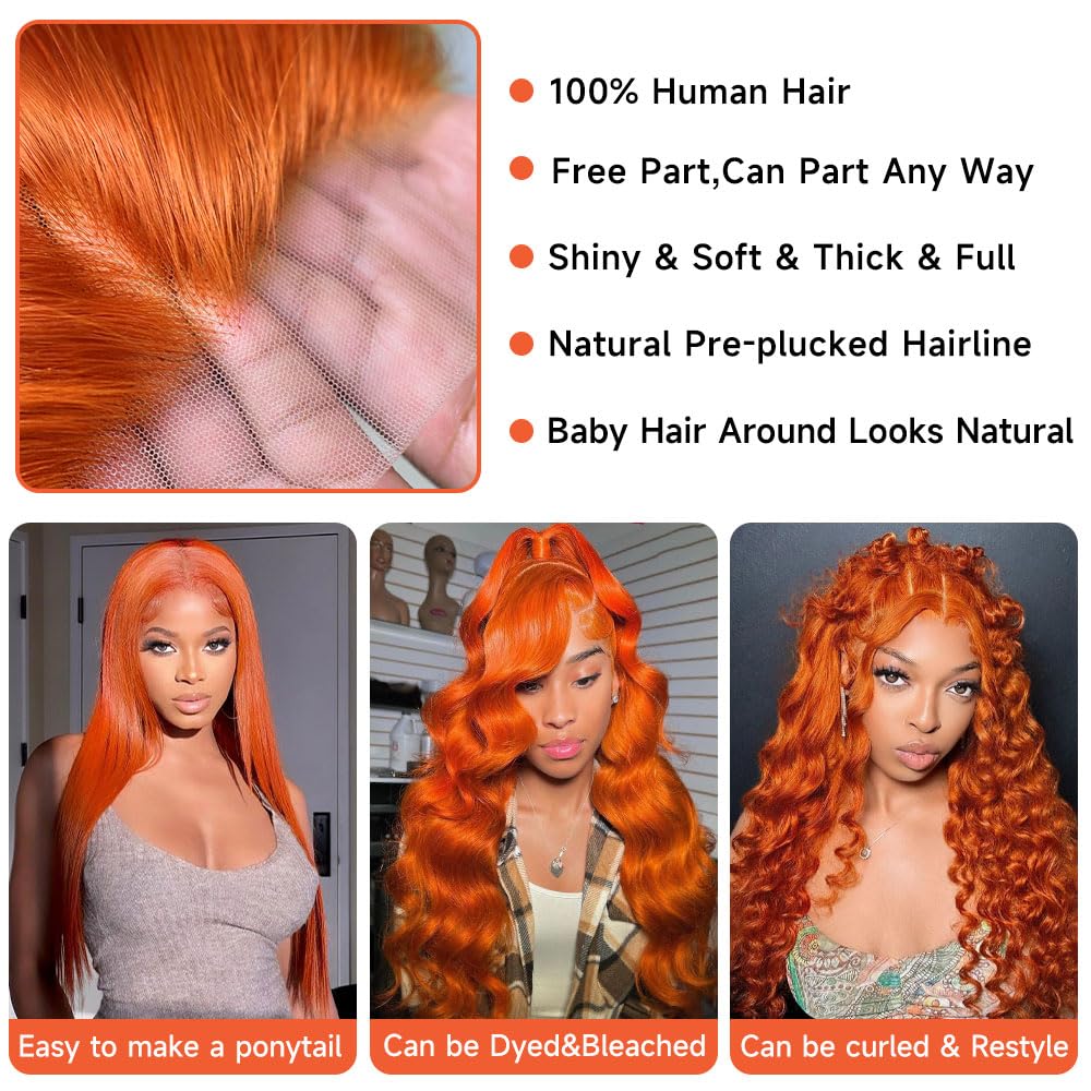 XUBULO 30 Inch Ginger Wig Human Hair Body Wave Pre Plucked 13x4 HD Ginger Lace Front Wigs Human Hair 200% Density Transparent Lace Frontal Colored Glueless Wigs Human Hair