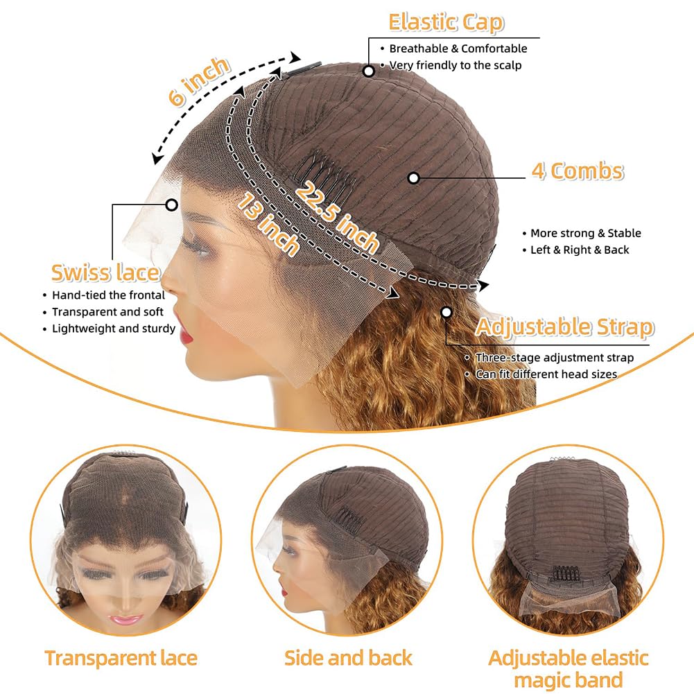 13x6 Highlight Lace Front Wig Human Hair 4/27 Ombre Deep Wave Lace Front Wig Human Hair Pre Plucked With Baby Hair 180% Density Honey Blonde Curly Human Hair Glueless Wigs for Women (28 inch)